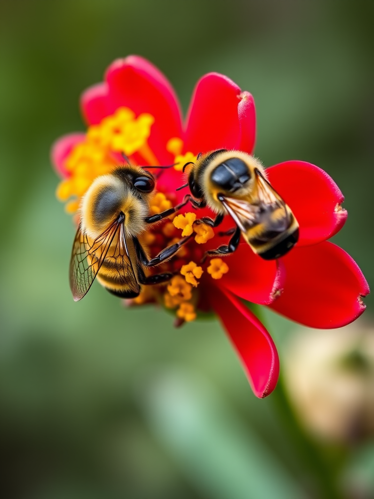 Close-up of two bees on vibrant red flower with yellow pollen, macro lens, f/2.8 aperture, 1/200 sec shutter speed, ISO 100, natural light, DSLR camera.
