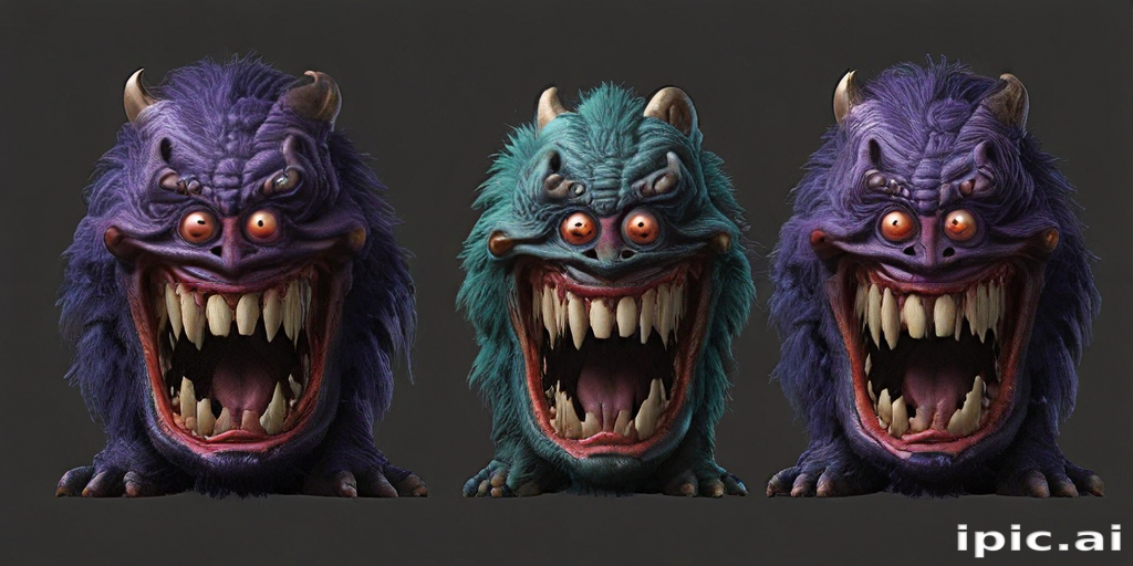 Three Colorful Monster Faces with Fierce Expressions and Big Teeth