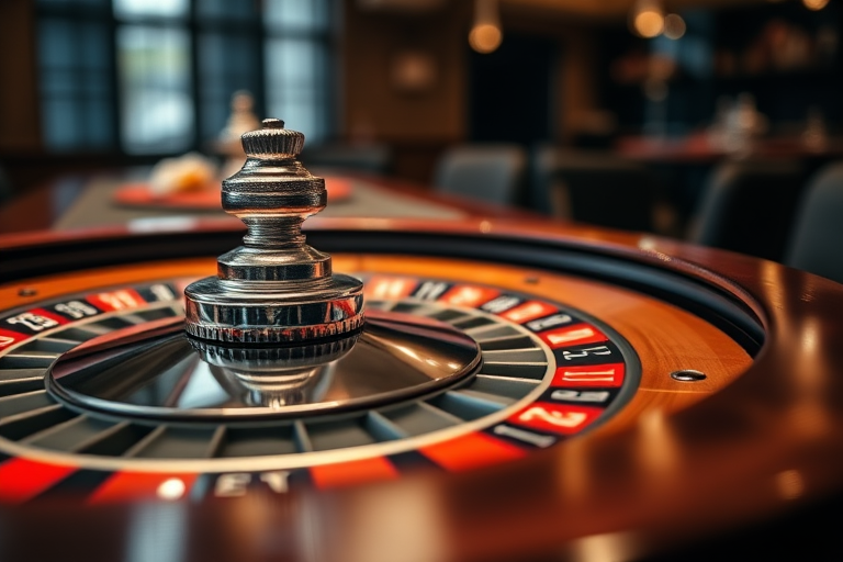high-resolution close-up of a roulette wheel on a wooden table with a soft focus background, f-stop at 2.8, shutter speed 1/60, ISO 100, natural lighting, DSLR camera, wide-angle lens