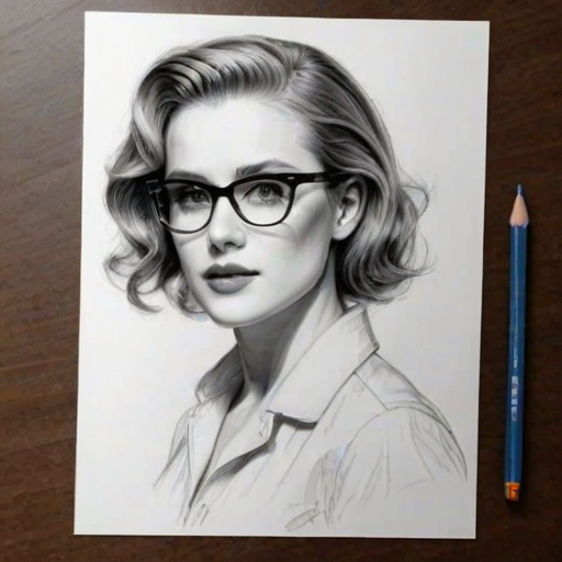 Enticing Evan Rachel Wood, pencil sketch, portrait of Superb woman 1952s in glasses, hair style beatnik, outline, clear lines, fine lines, 8k