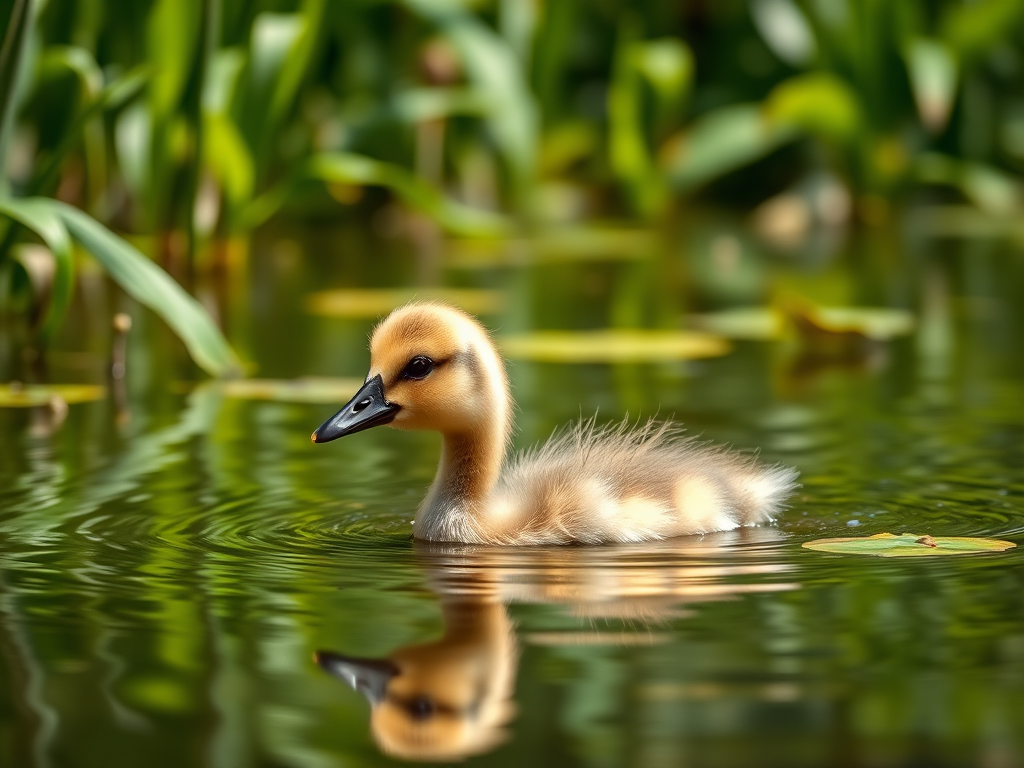 Young gosling swimming in a serene pond surrounded by lush greenery, captured with a Canon EOS R5, 50mm lens, f/2.8 aperture, ISO 100, shutter speed 1/200 sec, in bright natural light, shallow depth of field for soft background blur.