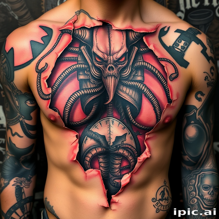 Horror-themed biomechanical tattoo revealing grotesque alien anatomy beneath torn flesh, incorporating elements of H.R. Giger's artwork for a disturbing and fascinating effect