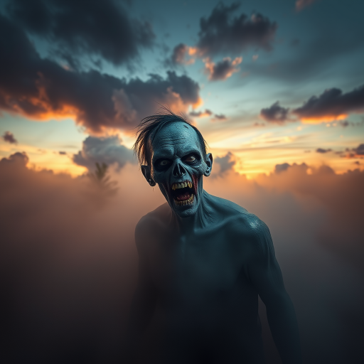 Create a high-resolution image of a zombie emerging from a misty landscape, with eerie lighting and dramatic clouds in the background, using a Canon EOS R5, 24mm lens, f/1.8 aperture, ISO 100, shot at sunset for enhanced colors and details.