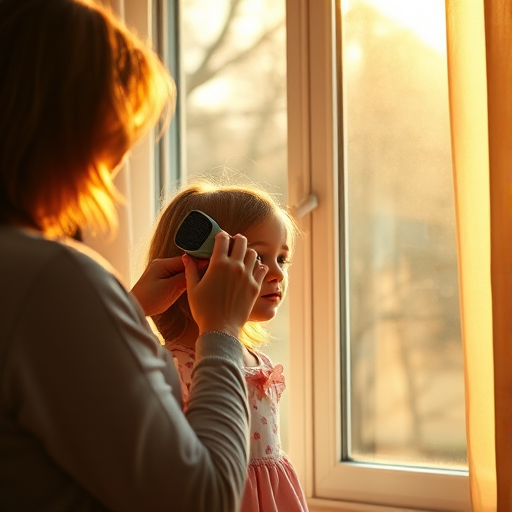 Warm, intimate image of a mother brushing her daughter's hair in front of a mirror, soft sunlight streaming through the window, distant birds chirping outside, and the feeling of closeness and care.