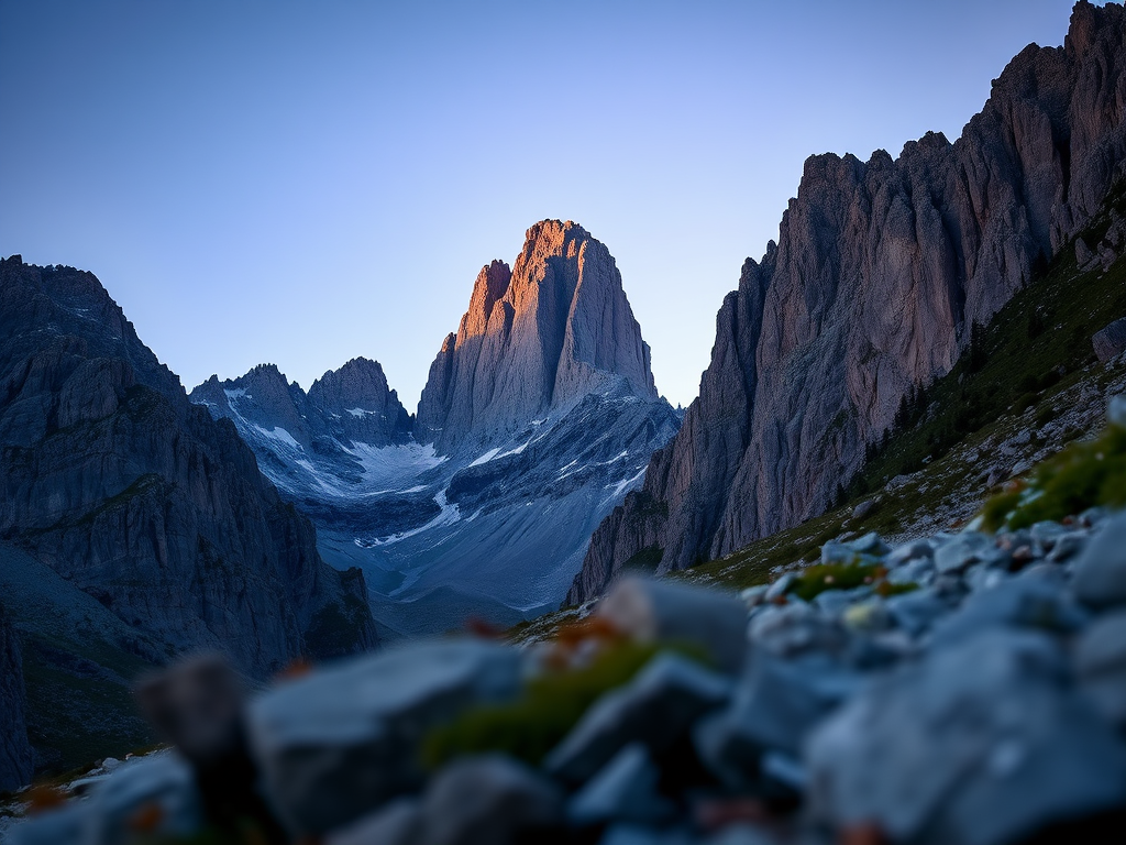 Create a high-resolution image of a rugged mountain landscape with a prominent rock formation, captured at sunrise using a DSLR camera with a 24mm lens, aperture set to f/8, ISO 100, and a shutter speed of 1/200 sec, from a low angle perspective to emphasize the foreground and depth of field.