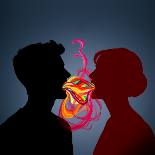 Create an abstract image featuring two silhouettes in contrasting colors, with swirling colorful shapes emanating from their mouths, shot with a Canon EOS R5, 50mm lens, f/1.8 aperture, 1/100s shutter speed, and in soft lighting to enhance vibrancy and depth.