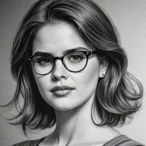Splendid Shelley Hennig, pencil sketch, portrait of Graceful woman 1954s in glasses, hair style beatnik, outline, clear lines, fine lines, 8k