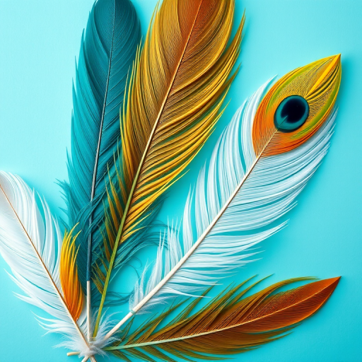 Generate an image of colorful feathers in teal, gold, and white arranged artistically on a soft turquoise background, shot with a 50mm lens at f/1.8, 1/125s shutter speed, ISO 100, using a macro camera style for enhanced detail and depth.