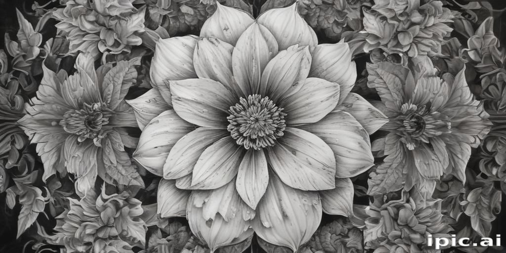 Intricate Black and White Floral Design Featuring a Large Central Blossom