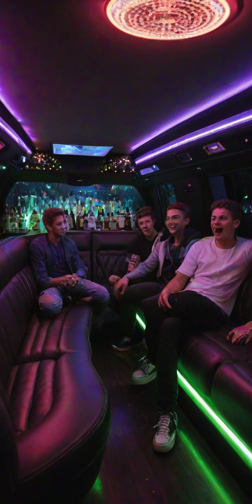 multiple boys,party, couch, vehicle interior, night, neon lights, limousine, alcohol, bar