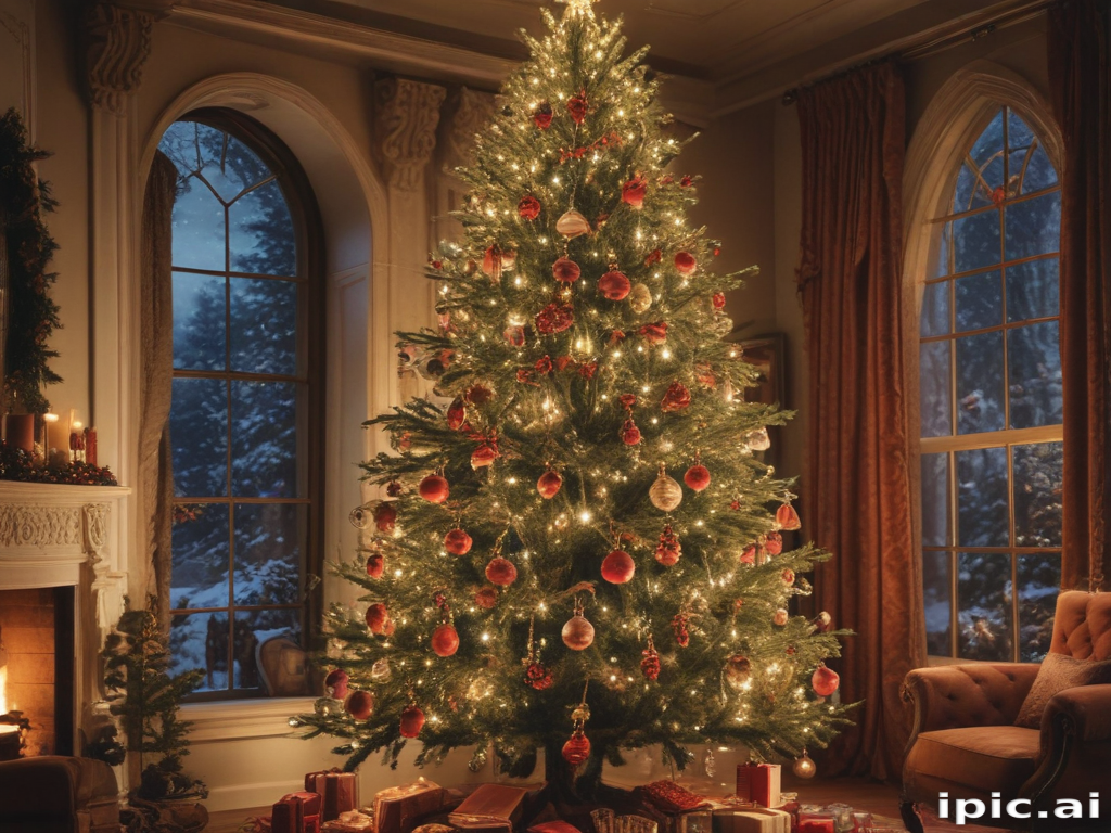 Warm and Festive Christmas Tree Adorned with Lights and Ornaments