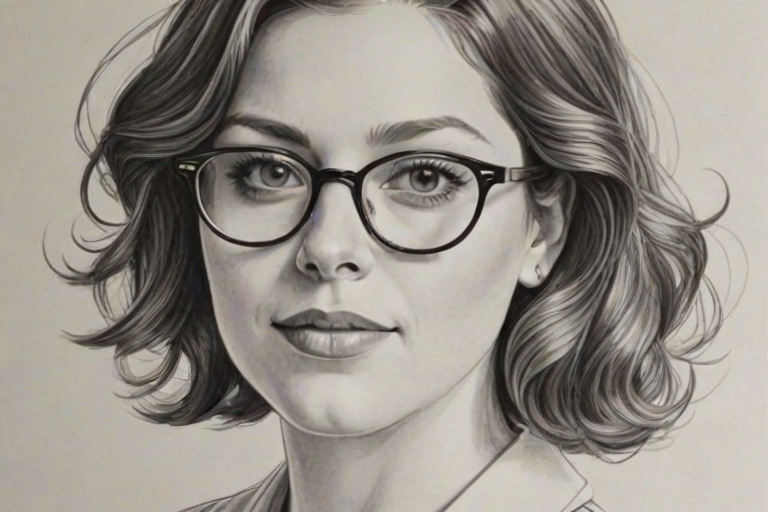 Alluring Rachel Bloom, pencil sketch, portrait of Attractive woman 1972s in glasses, hair style beatnik, outline, clear lines, fine lines, 8k