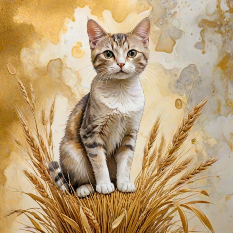 Soft, muted Alcohol Ink with ebru effect background image of tiny whimsical cat, who climbed high on the top of a golden rye ear.