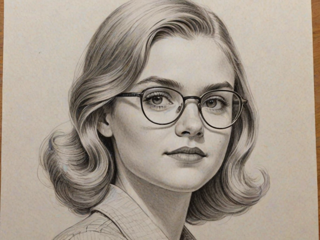 Appealing Elsie Fisher, pencil sketch, portrait of Gorgeous woman 1941s in glasses, hair style beatnik, outline, clear lines, fine lines, 8k