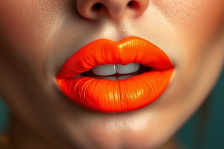 Neon orange lips with a matte finish, vibrant and eye-catching, perfect for making a bold statement and standing out in a crowd