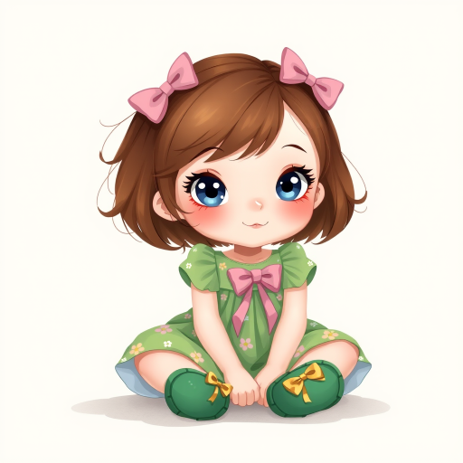 digital illustration of a kid girl with brown hair and blue eyes, sitting on the floor with her legs crossed and her hands resting on her knees. she is wearing a green floral dress with a pink bow on the front and a pair of green shoes with gold ribbon. She has a pink bows on her head. The background is a light beige color with a subtle texture. whimsical and dreamy.The color scheme is soft and muted pastel.