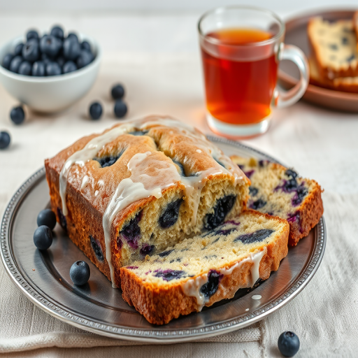 A moist blueberry loaf cake sliced on a silver plate with a light glaze on top accompanied by a cup of orange tea in the background and a textured linen tablecloth