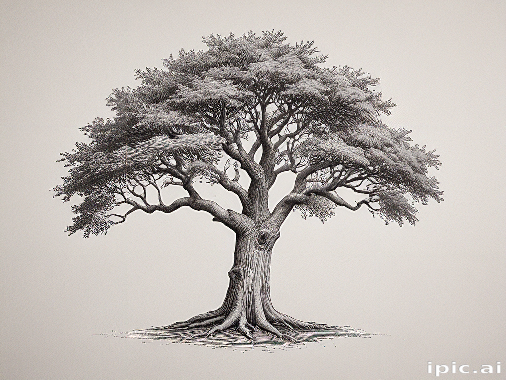 Intricate Illustration of a Majestic Tree with Detailed Roots and Branches.