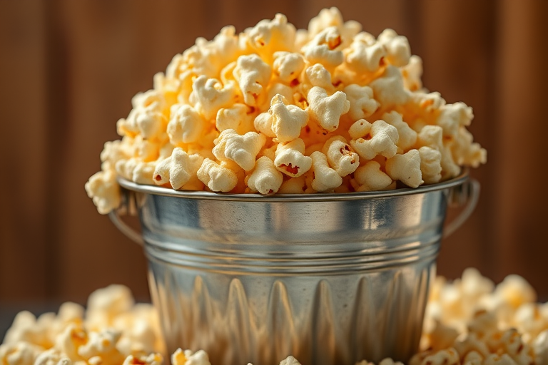 A high-resolution image of a silver bucket overflowing with buttery popcorn, shot with a Canon EOS R5 at f/2.8, 1/100s, ISO 100, with a soft-focus background and natural light to enhance texture and detail.