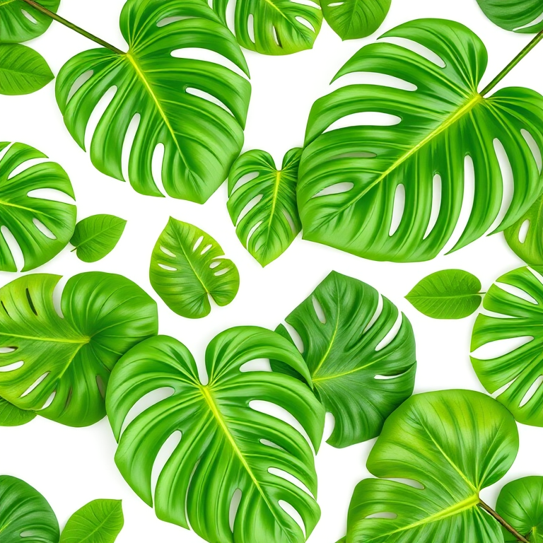 Create a high-resolution image featuring a seamless pattern of lush green monstera leaves on a plain white background, using a DSLR camera at f/2.8 aperture, ISO 100, and a 50mm lens, capturing a top-down view with natural lighting for enhanced vibrancy and detail.