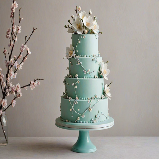 Create an image of a three-tiered cake design featuring spherical tiers in a soft turquoise color. Each tier should be adorned with delicate cherry blossom branches and flowers, with a minimalist base that complements the overall aesthetic. The background should be simple and neutral to emphasize the cake's intricate details.