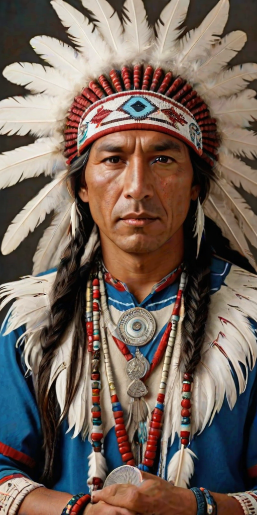 Create a dignified portrait of a Native American man dressed in traditional attire. He wears a beautifully crafted headdress adorned with white feathers and red beads, along with a beaded headband featuring intricate patterns. His clothing includes a deep blue, patterned shirt and a traditional chest piece with detailed beadwork. His arms are crossed, displaying leather armbands decorated with feathers. The background is simple and neutral, emphasizing his proud and stoic expression. The overall image captures the rich cultural heritage and strength of his persona.