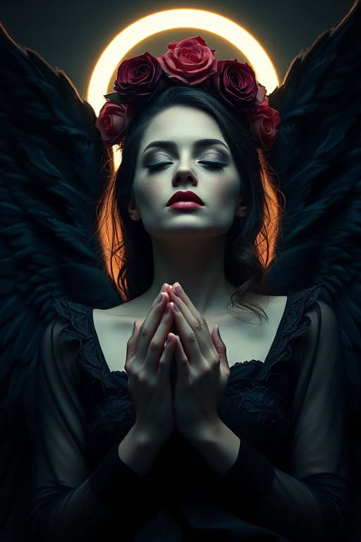 Create a high-contrast gothic portrait of a woman with black wings and a crown of roses, praying with closed eyes, backlit by a mystical halo, shot with a Canon EOS R5, 50mm f/1.2 lens, ISO 400, shutter speed 1/100s, using a low-angle view for dramatic effect, with soft-focused background to enhance the subject.
