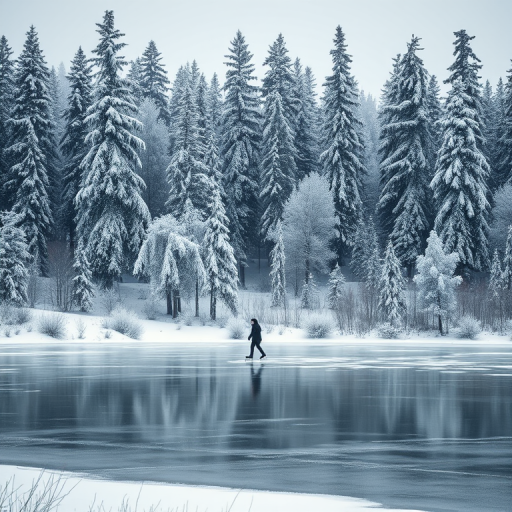 Tranquil winter landscape, with a snow-covered forest, tall pine trees blanketed in white, and a frozen pond in the foreground, with a single figure ice skating gracefully across the surface.