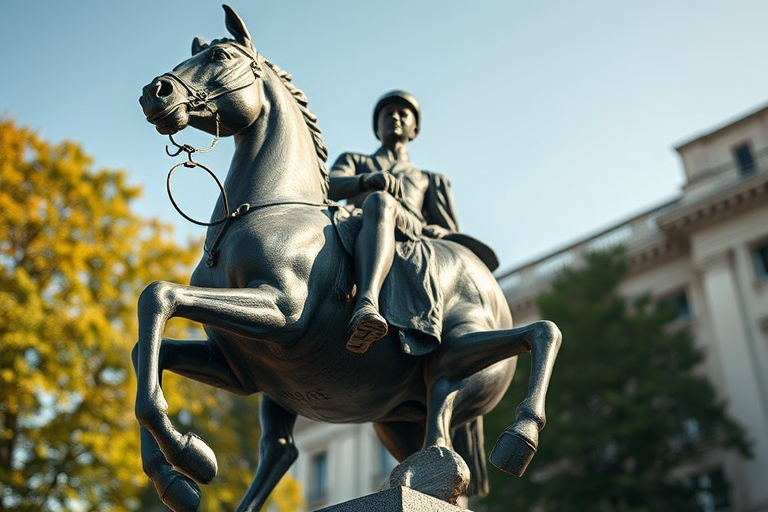 regenerate a detailed image of a bronze statue of a horse and rider, using a Canon EOS R5 with a 50mm lens, aperture f/1.8, ISO 100, natural daylight, and a low-angle shot to enhance details and textures