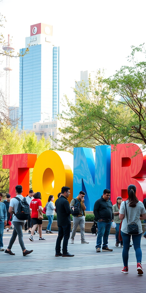Urban park scene with colorful large letters featuring designs, people interacting, bright daylight, soft focus background, ISO 100, aperture f/4, shutter speed 1/250s, portrait view, DSLR camera, natural lighting.
