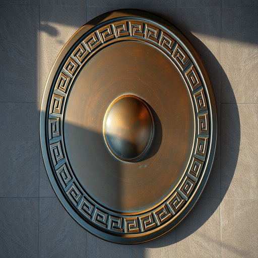 Create a high-resolution image of a polished bronze circular shield with intricate Greek key patterns along the border, using a Canon EOS R5, 50mm lens, aperture f/2.8, ISO 100, in soft natural lighting with a top-down view.