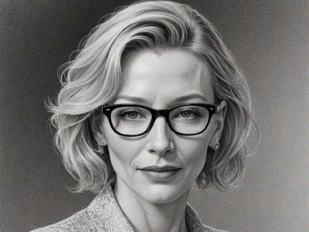 Bewitching Cate Blanchett, pencil sketch, portrait of Ravishing woman 1954s in glasses, hair style beatnik, outline, clear lines, fine lines, 8k