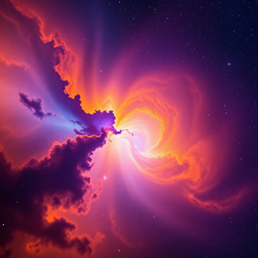 Generate a vibrant nebula scene with swirling clouds of orange, blue, and purple hues, capturing intricate details and star formations, using a DSLR camera with a 24mm lens at f/2.8, ISO 800, and a shutter speed of 1/100s, in astrophotography style.