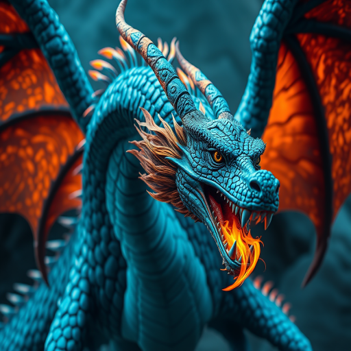 Majestic dragon with blue scales and fiery orange flames, high resolution, 50mm lens, f/2.8 aperture, ISO 100, low angle view, digital art style, cinematic lighting.