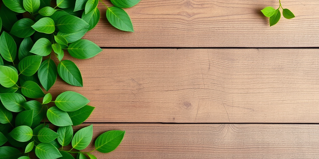 Generate an image of a wooden background with a variety of green leaves framing the edges, using a DSLR camera with a 50mm lens at f/2.8, ISO 100, natural light, top-down view to enhance depth and texture.