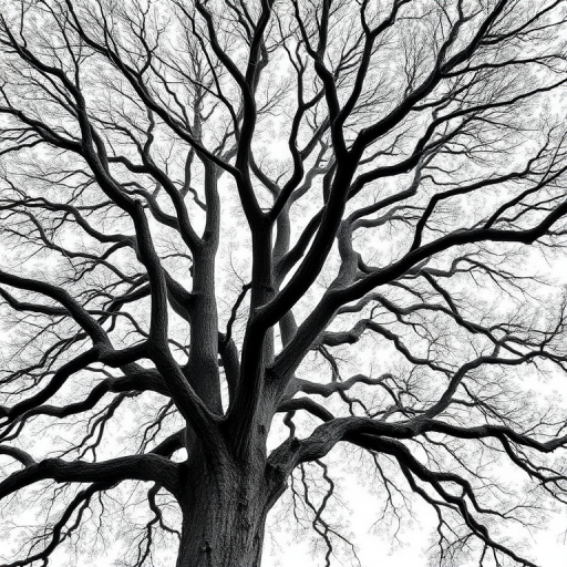 Generate a high-contrast black and white illustration of a large tree with intricate branches and leaves, captured using a DSLR camera at f/8 aperture, ISO 200, 1/200 sec shutter speed, in a vertical orientation with a shallow depth of field to enhance detail and texture.