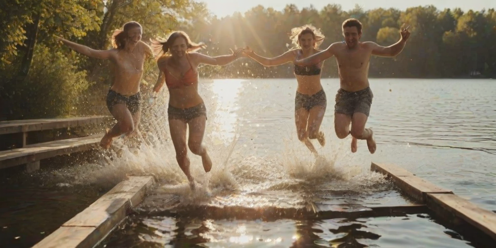 Blurry candid shot of a group of friends jumping into a lake from a wooden dock, water splashing in all directions, with soft sunlight reflecting off the surface.