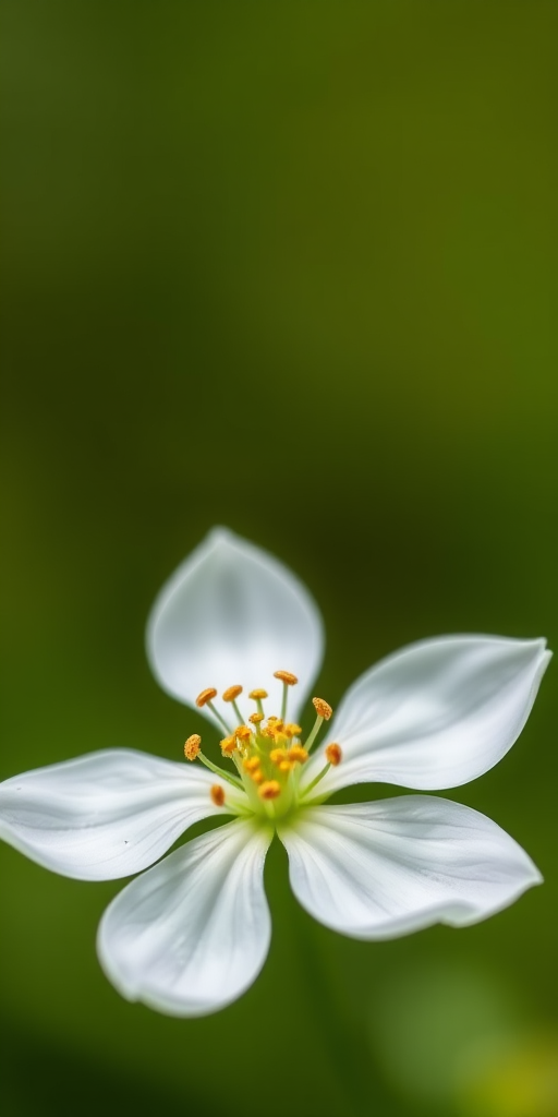 macro shot of a delicate white flower on a green background, using a DSLR camera with a 105mm macro lens, aperture set to f/2.8, ISO 100, shutter speed 1/200s, soft natural lighting for enhanced detail and clarity