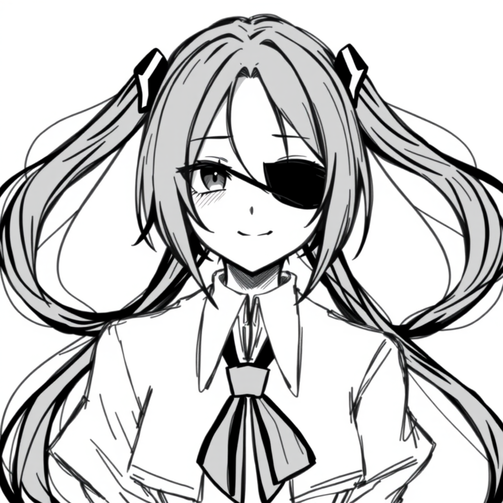 1girl, Best quality, quan,hyouuma,wanke,nikorashi-ka,sofra,you shimizu, voice actor connection, white background, looking at viewer, monochrome, hair between eyes, closed mouth, smile, cosplay, sketch, long hair, greyscale, eyepatch, twintails, low twintails, portrait, kagune (tokyo ghoul), solo, crossover, simple background,