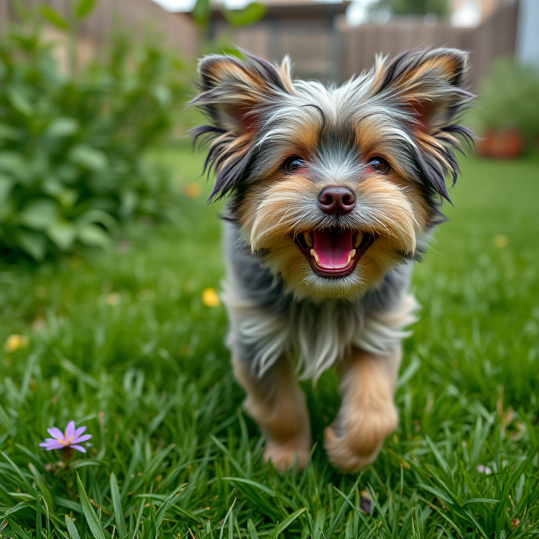 Regenerate an image of a small, fluffy dog with a happy expression walking in a green yard, camera settings: f/2.8 aperture, ISO 200, shutter speed 1/500, camera view: eye level, camera style: natural light, camera type: DSLR.