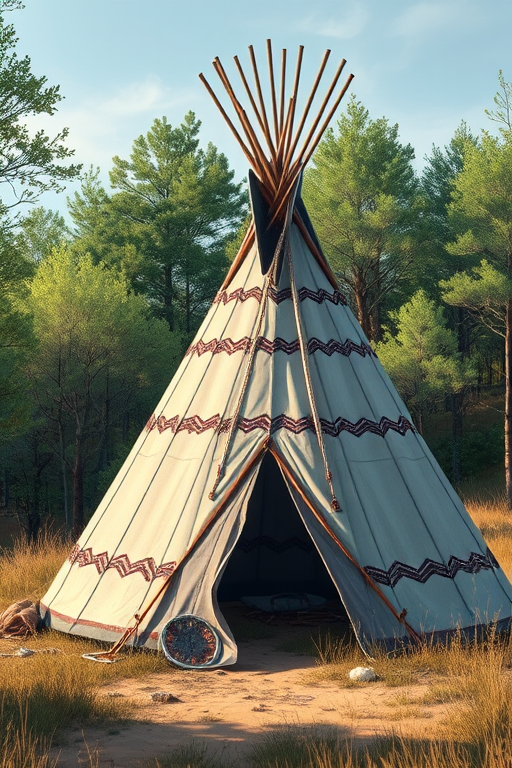 Create a detailed, high-resolution illustration of a traditional teepee in a natural setting, shot using a Canon EOS R5 at f/8, 1/125s, ISO 100, with a wide-angle lens to capture the surroundings, in soft natural light, emphasizing texture and color.