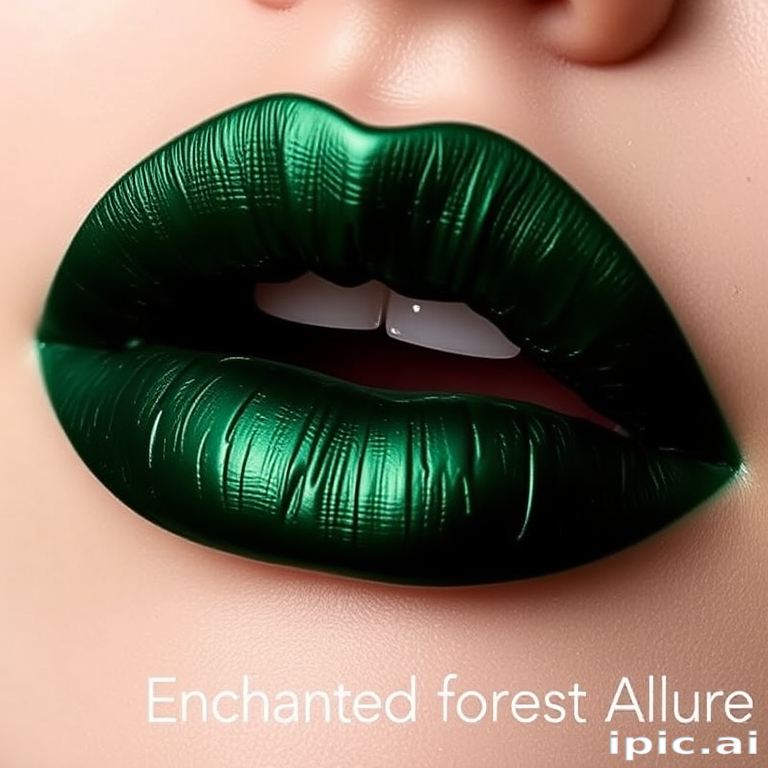 Deep emerald green lips with a satin finish and subtle metallic undertones, known as "Enchanted Forest Allure"