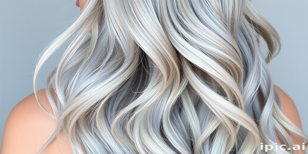 Ethereal hair style presenting waist-length silver-gray strands styled in loose mermaid waves with subtle metallic accents