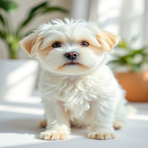 Capture a close-up of a small white fluffy dog sitting on a bright white background with soft natural lighting, using a DSLR camera with a 50mm lens, aperture at f/1.8, ISO 200, and a shallow depth of field to create a soft bokeh effect.