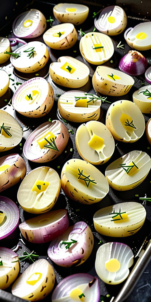 sliced potatoes with onions and butter in oven