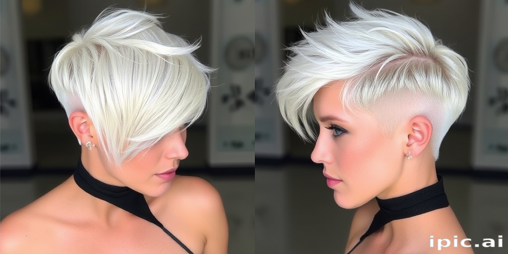 Platinum blonde pixie cut with asymmetrical bangs and shaved sides, the Frost Nova style exudes edgy elegance and icy sophistication, perfect for a bold fashion statement