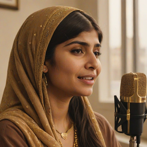 A close-up portrait of a mia khalifa with her eyes closed, singing into a microphone, positioned on the right side of the frame, facing the viewer. She is wearing a brown headscarf, gold earrings, and a brown blouse, and is bathed in warm, golden light emanating from the windows behind her. A blurred figure of a man singing into a microphone is visible in the background. The scene has a sense of calm and spirituality.