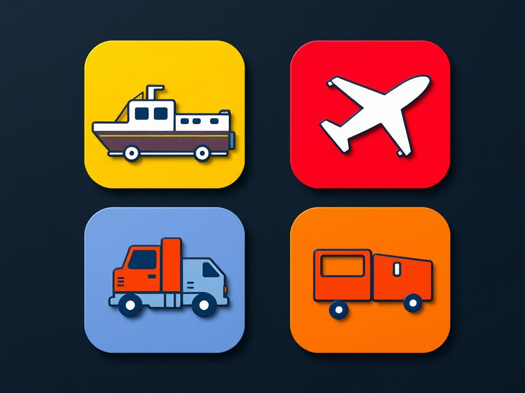 Regenerate an image with four colorful square icons representing different modes of transport: a ship, a truck, an airplane, and a train, using a high-resolution camera, 50mm lens, f/1.8 aperture, ISO 100, and natural lighting for enhanced quality.
