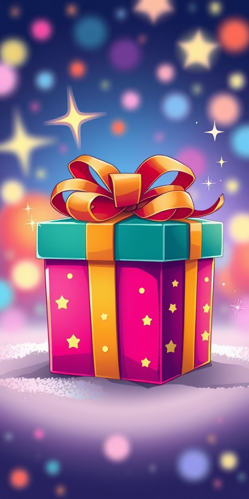 Create an illustration of a gift box with a ribbon, featuring bright colors and festive decorations like stars and sparkles, using a DSLR camera with a 50mm lens, f/2.8 aperture, ISO 100, and a shallow depth of field to enhance image quality.