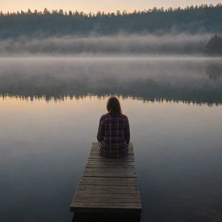 Quiet lakeside dock at dawn, the water still and glassy, a woman in a flannel shirt sits at the edge, her feet dangling just above the surface as she watches the fog roll in.
